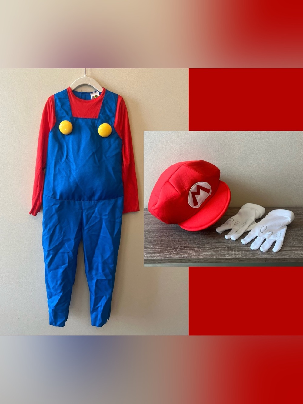 Super Mario Kids Costume Jumpsuit Hat Gloves Size Small 4-6 Halloween Cosplay
